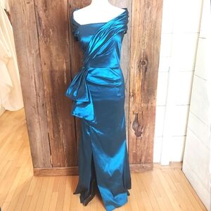 Peacock Satin Teri Jon Drape Evening Gown